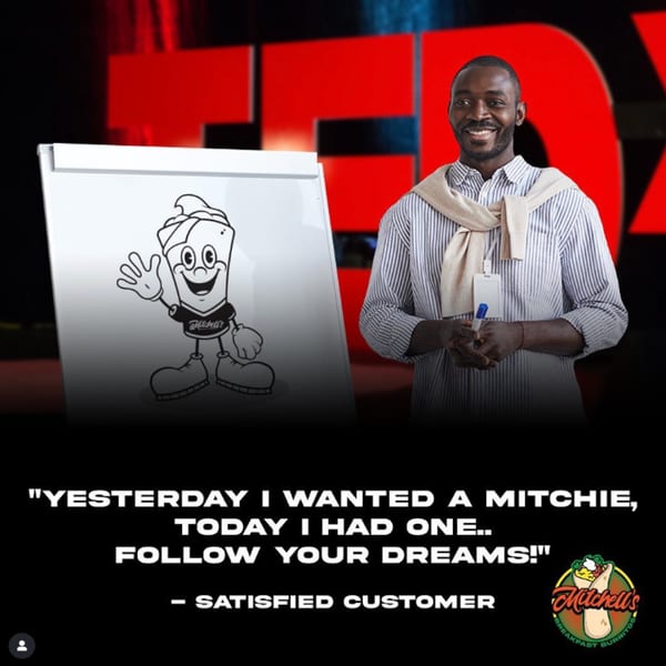 Smiling man next to a whiteboard drawing of a Mitchell's Breakfast Burrito mascot, with a customer quote.