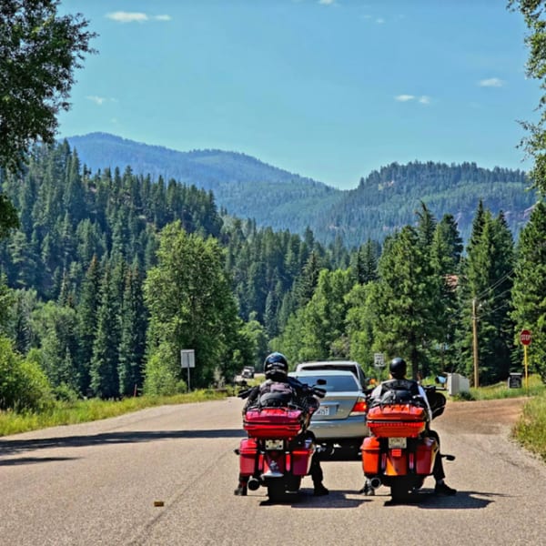 Two motorcyclists on a road, waiting behind a car, with a forest and mountains in the background.